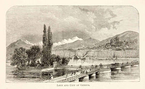 1891 Wood Engraving Geneva Switzerland Bridge Lake Pier Sailboat Dock Alps XGSB1