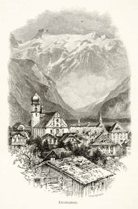 1891 Wood Engraving Whymper Engelberg Switzerland Abbey Monastery Alps XGSB1