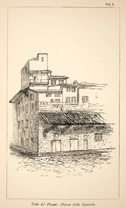 1884 Wood Engraving Tetto Pisani Piazza Signoria Palazzo Florence Italy XGSB3