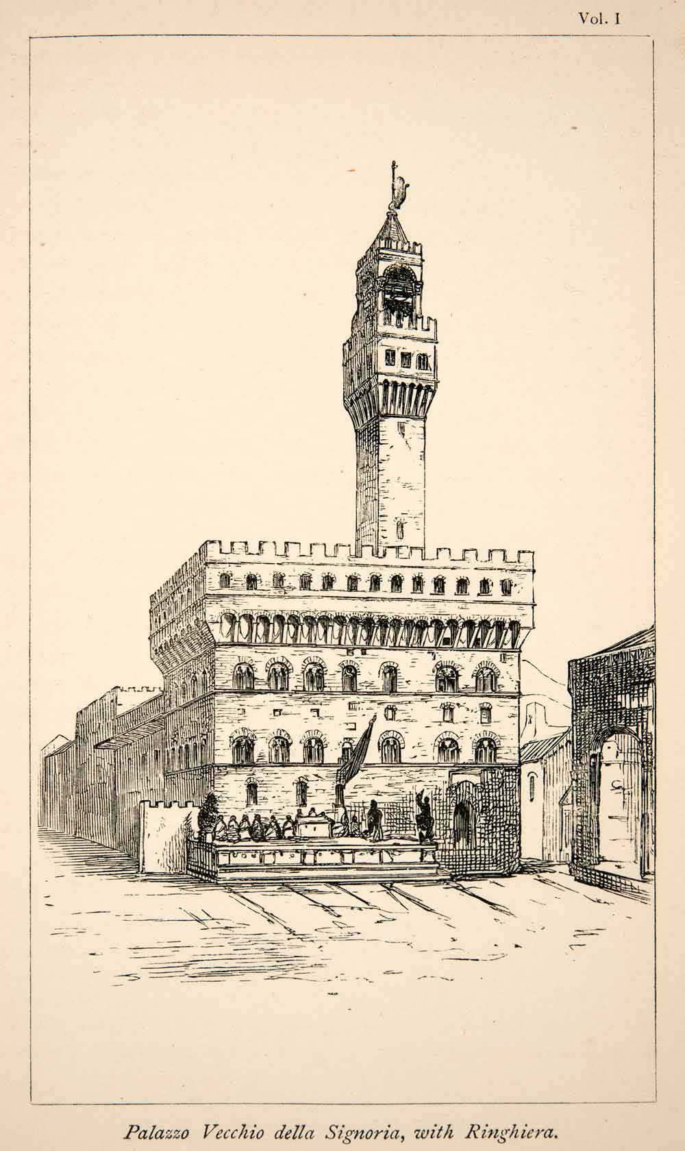 1884 Wood Engraving Florence italy Palazzo Vecchio Palace Signoria XGSB3