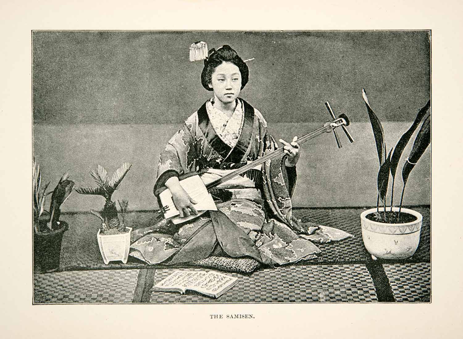 1891 Print Young Woman Japanese Shamisen Instrument Geisha Taka Shimada XGSB4
