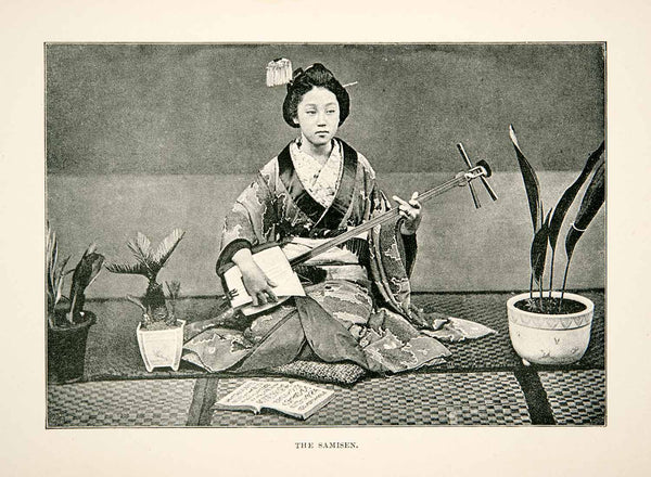 syamoさん 1891 Print Young Woman Japanese Shamisen Instrument Geisha Taka
