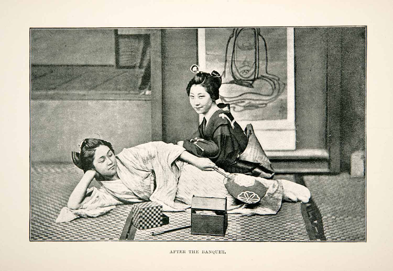 1891 Print Japanese Women Relaxing Banquet Private Chamber Obento Kimono XGSB4