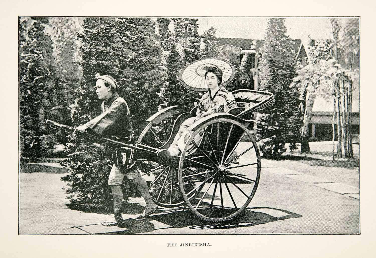 1891 Print Jinrikisha Rickshaw Japan Woman Karakasa Cart Human Transport XGSB4