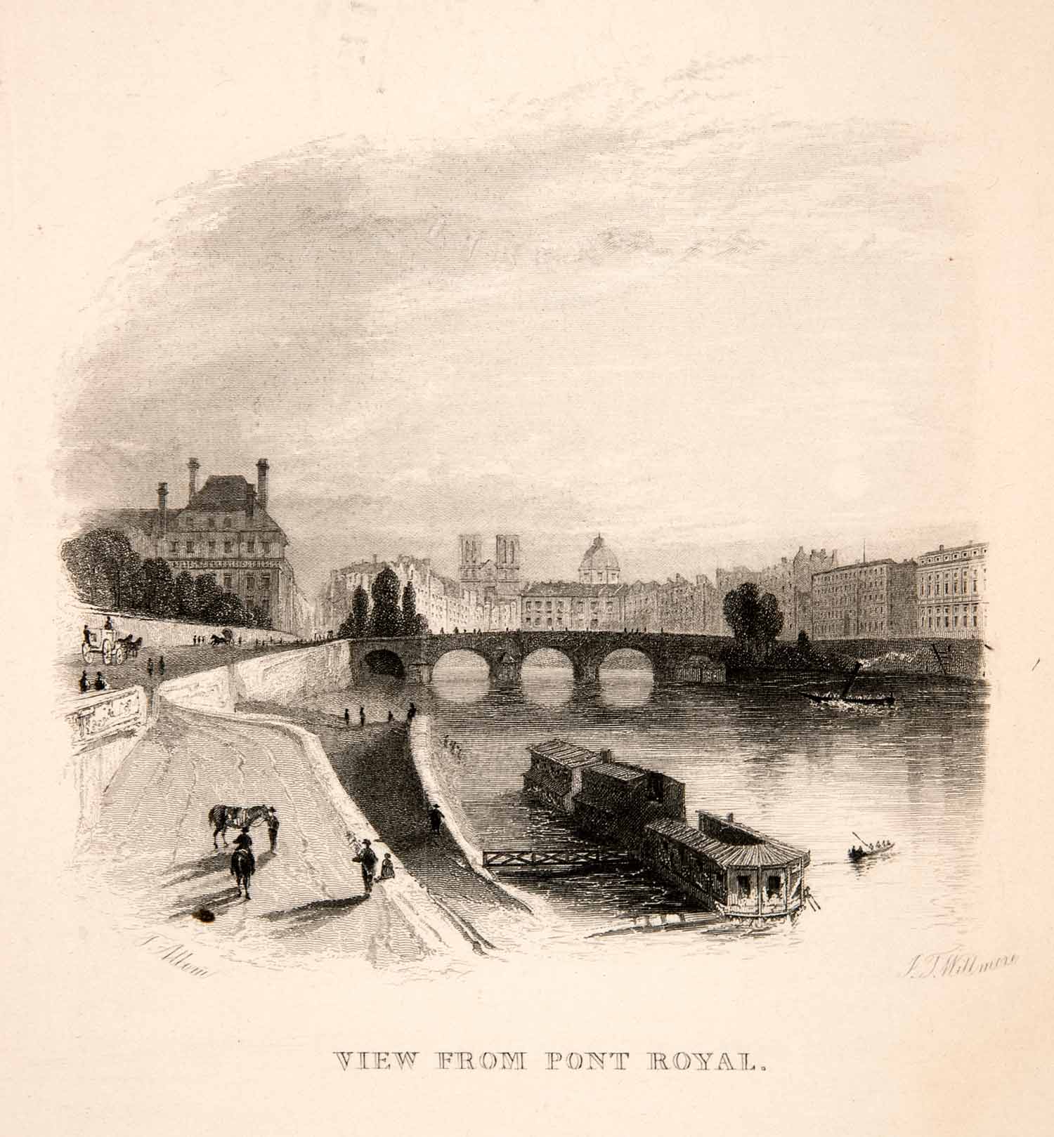 1859 Steel Engraving Pont Royal Paris Cityscape Historic Image Thomas XGSB6