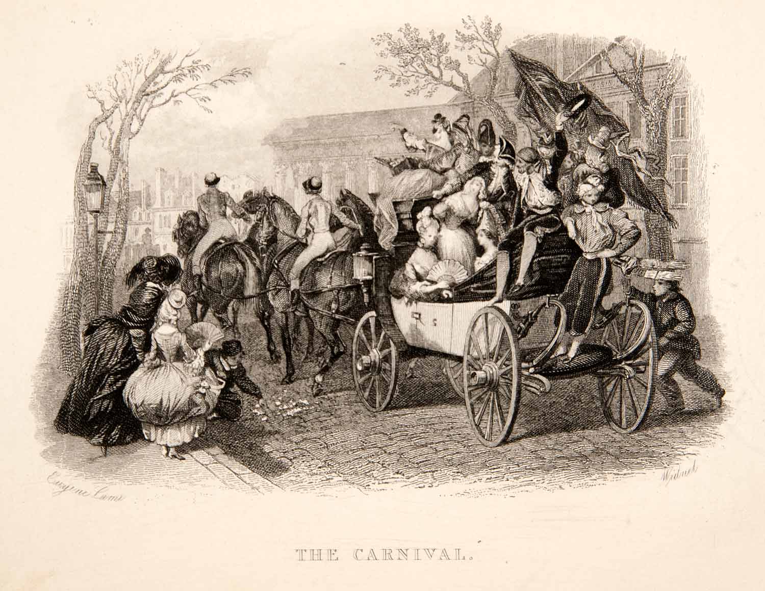 1859 Steel Engraving Parisian Carnival Stagecoach Carriage Eugene Louis XGSB6