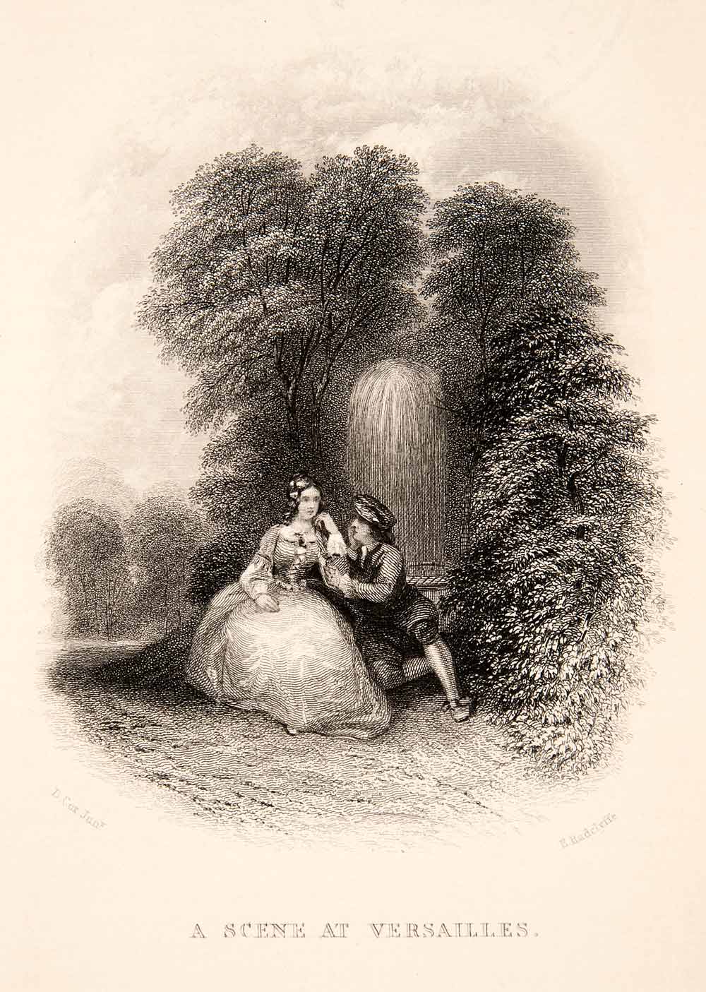 1859 Steel Engraving Versailles Paris Lovers Romance Costume David Cox XGSB6
