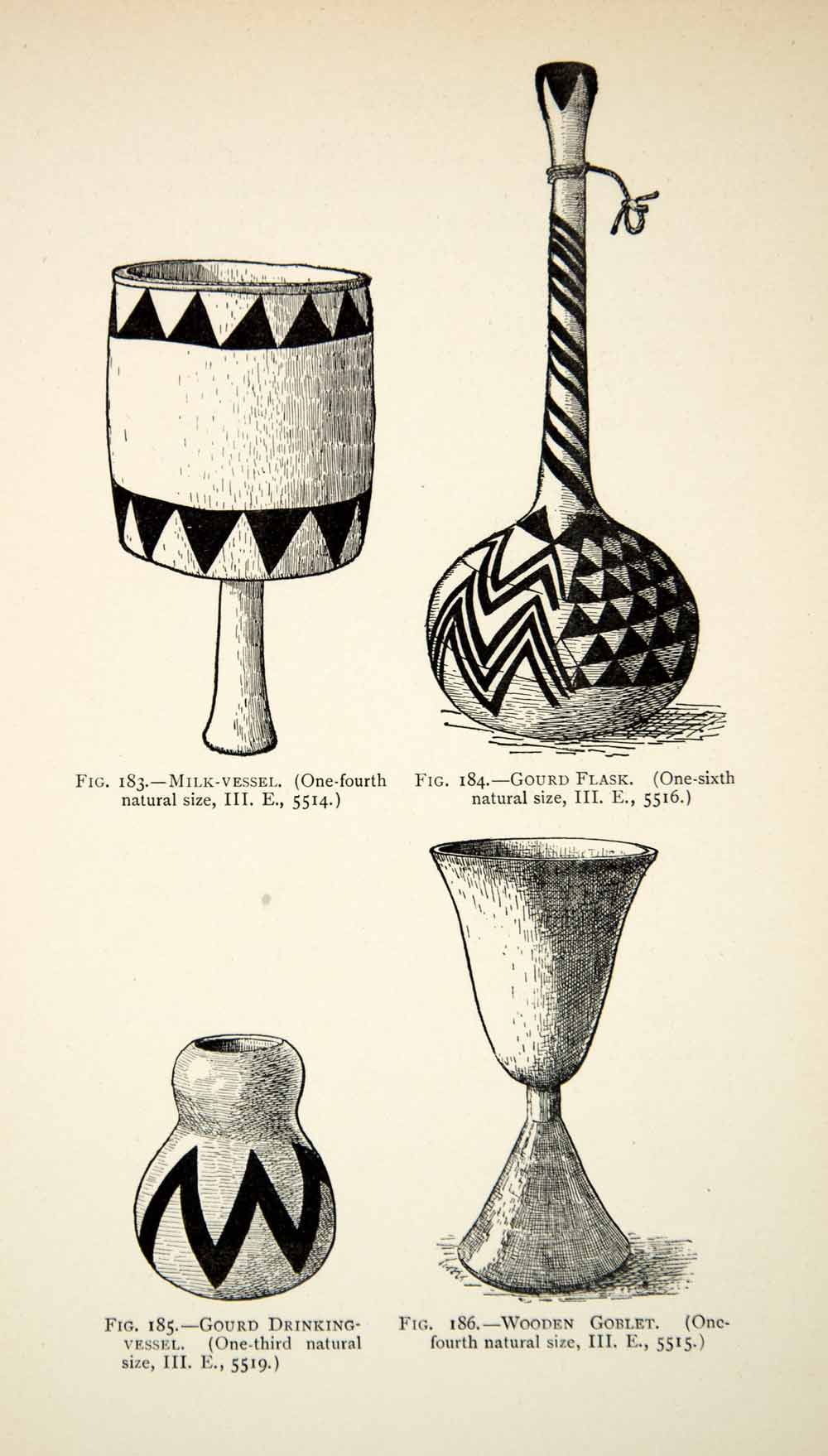 1899 Print Water Vessel Milk Gourd Flask Wooden Goblet African Native XGSC2