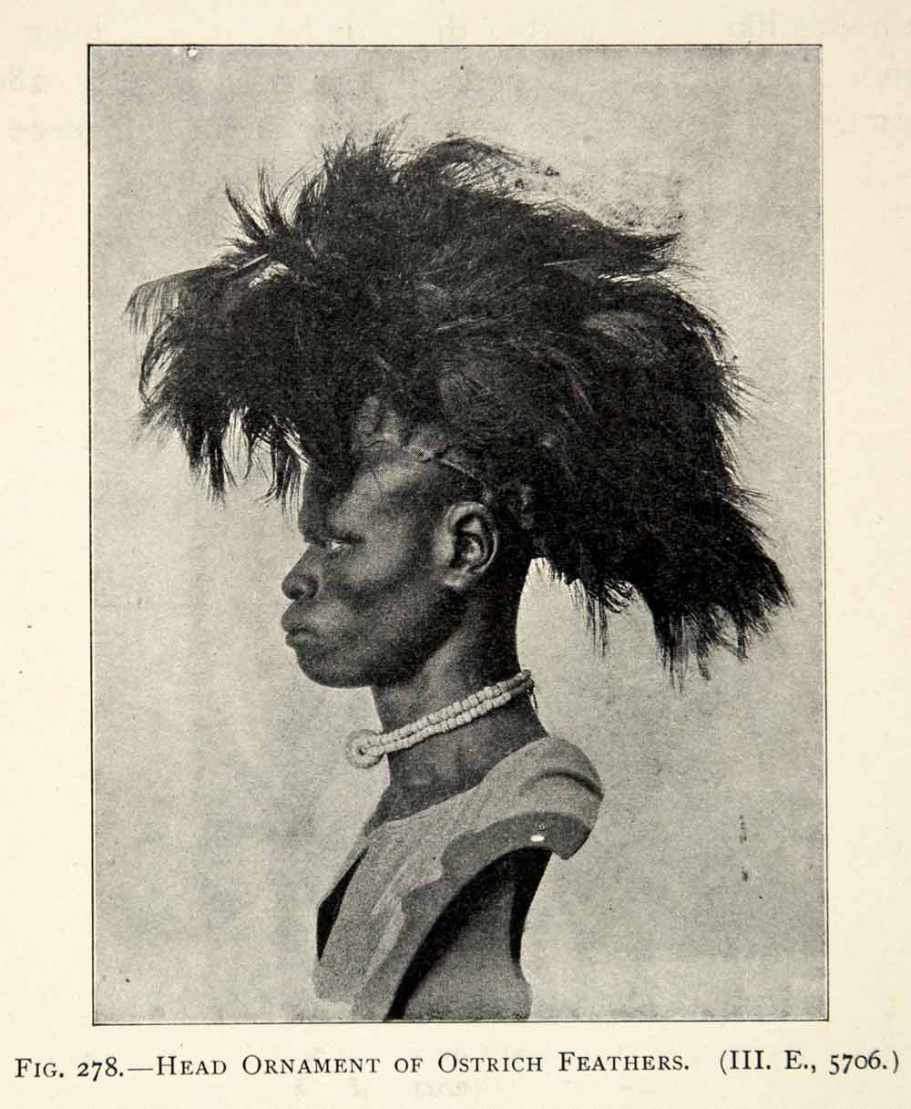 1899 Print Portrait Man Hat Head Ornament Ostrich Feathers Africa Tribal XGSC2