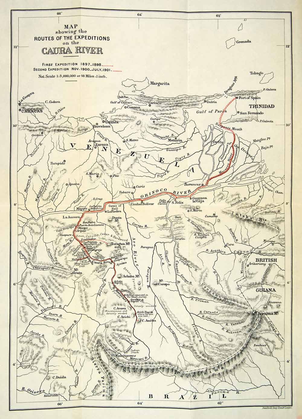 1904 Photolithographed Antique Map Caura River Expedition Routes Venezuela XGSC3