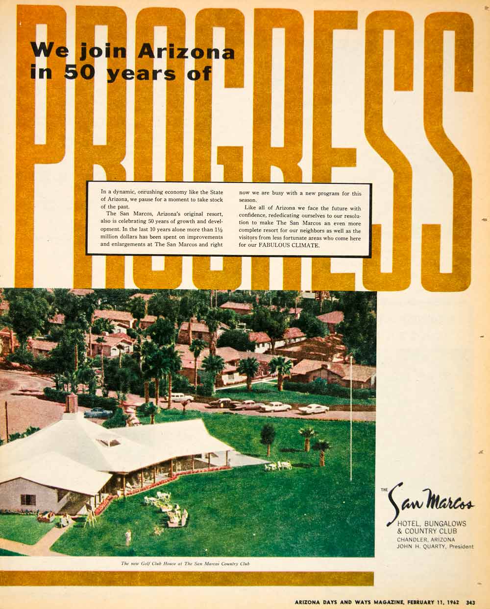 1962 Ad San Marcos Hotel Bungalows Country Club Quarty John H President XGSC4