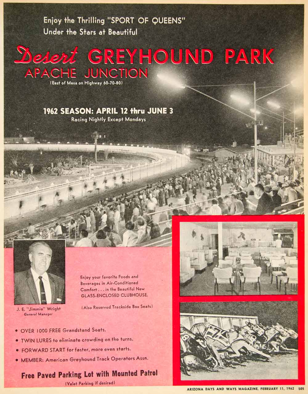 1962 Ad Greyhound Park Desert Apache Junction Wright J E Jimmy Dog Racing XGSC4