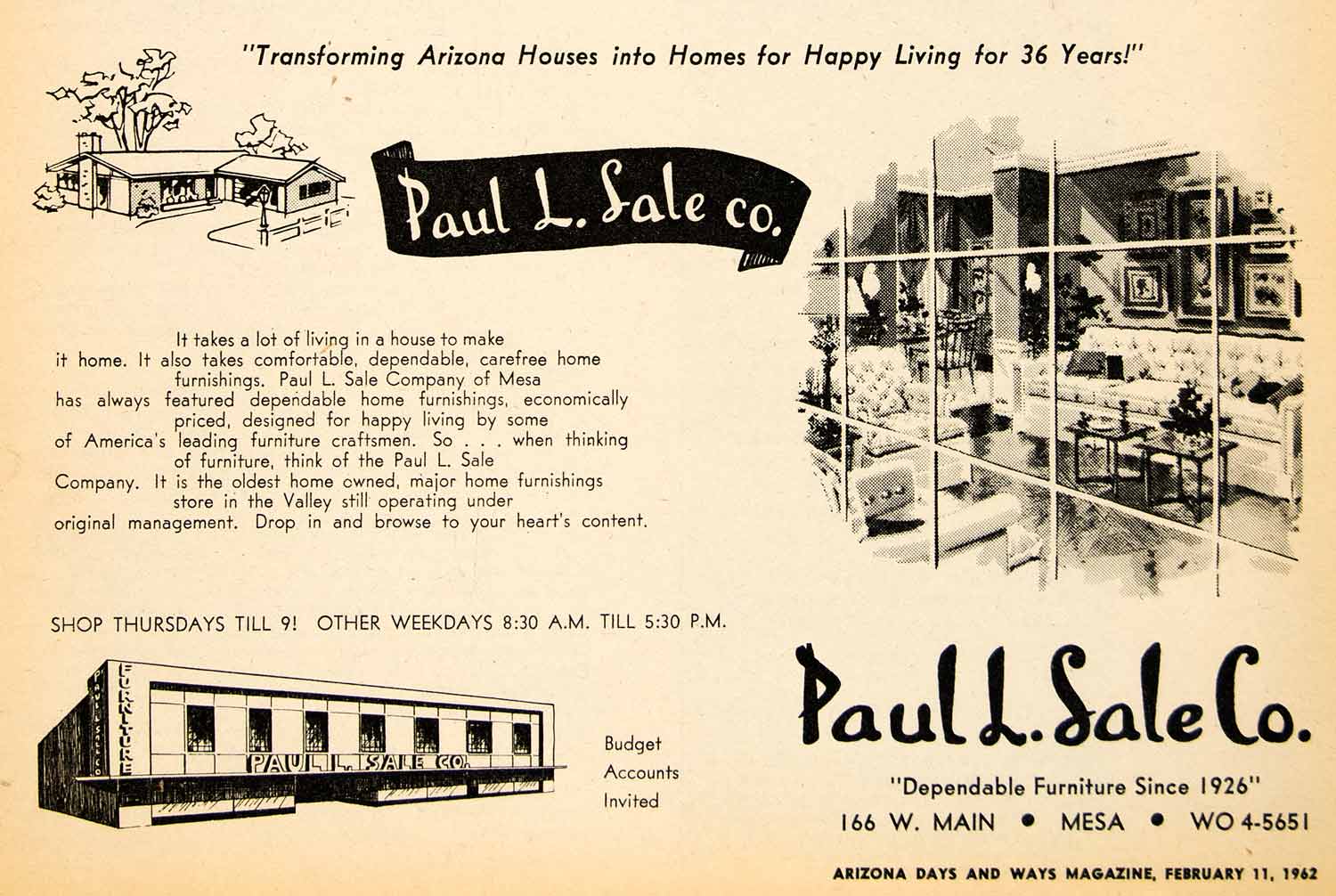 1962 Ad Paul L Sale Homes Mesa Furnishing Furniture Store Valley Household XGSC4