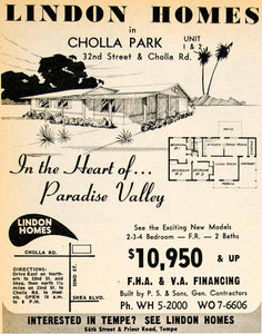 1962 Ad Lindon Homes Cholla Park Paradise Valley P S Sons General XGSC4