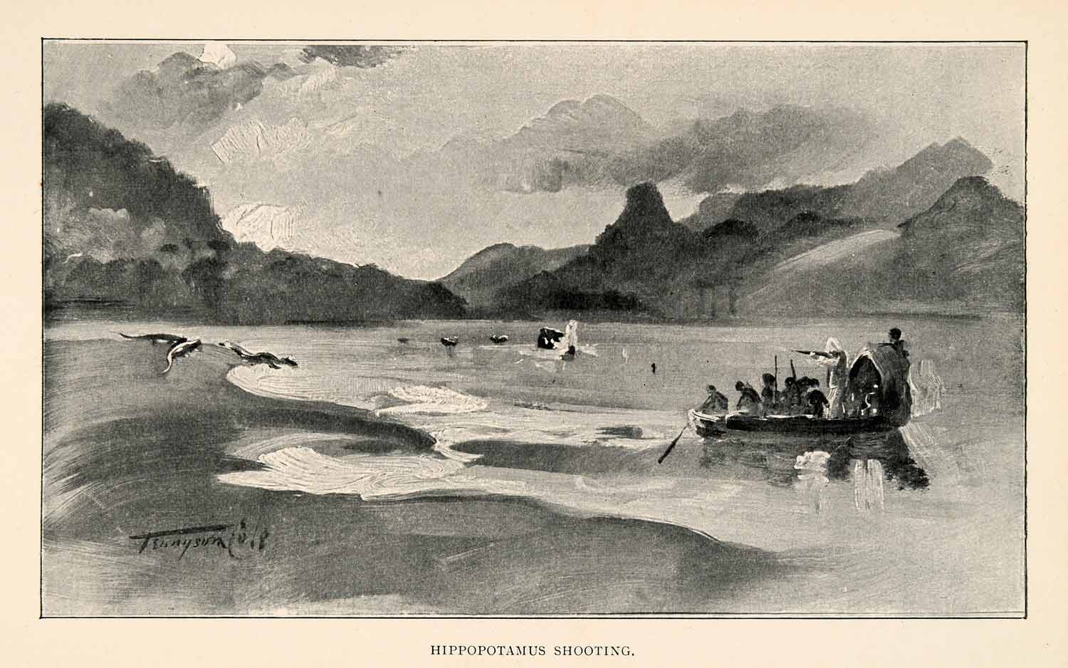 1902 Print Hippopotamus Gun Shot Africa River Hunt Boat Zambezi Tennyson XGT6