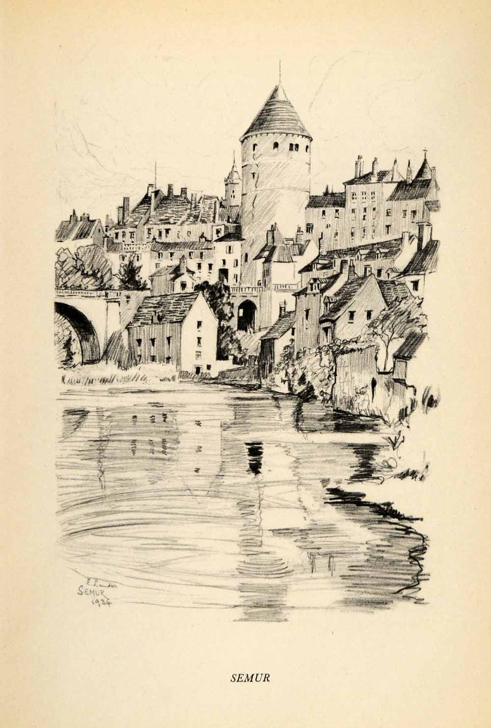 1934 Print Semur Auxois France Medieval Armancon Bridge Castle Tower Lander XGT7
