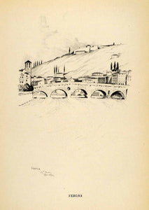 1934 Print Verona Italy Lander Bridge Cypress Adige Ponte Pietra Roman Arch XGT7