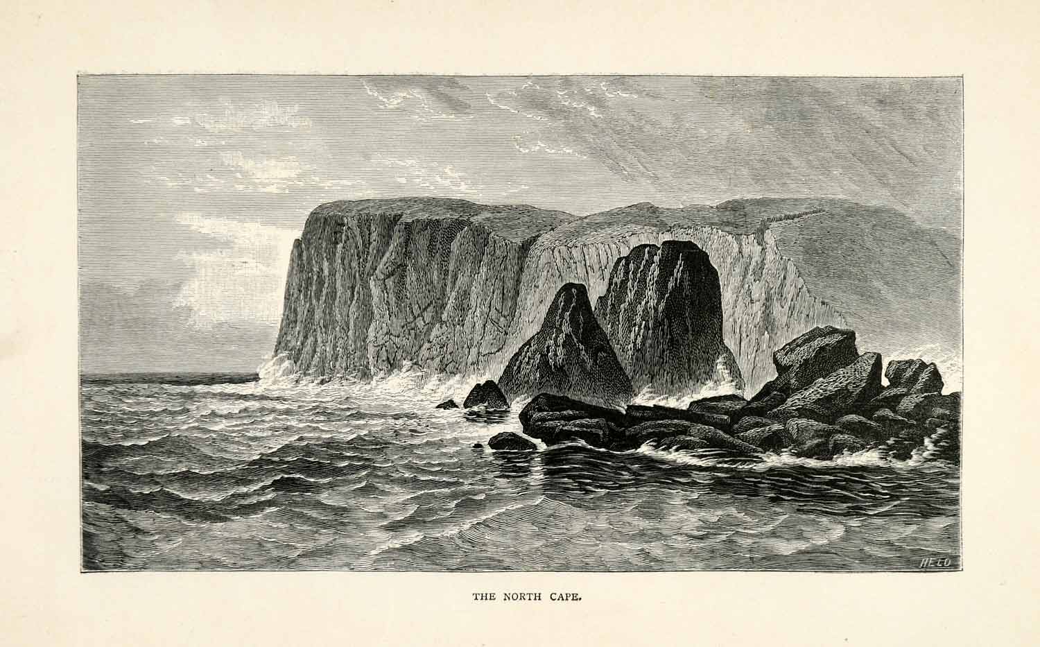 1882 Steel Engraving North Cape Norway Mageroya Island Landscape Cliff Art XGT9
