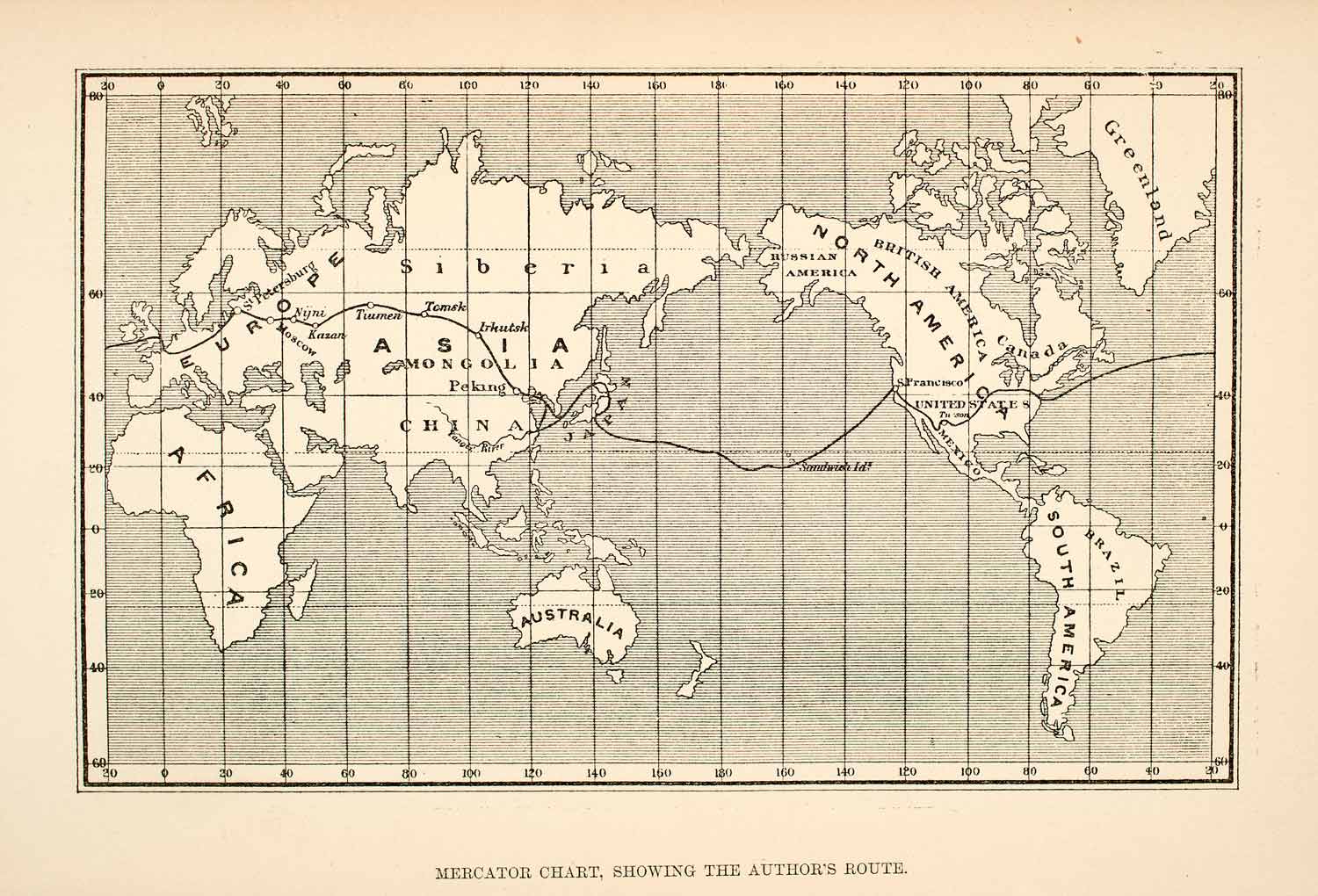 1871 Wood Engraving Map Mercator Chart World Siberia Asia Australia Europe XGTA3