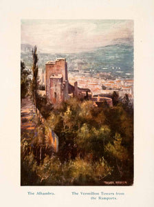 1908 Color Print Alhambra Vermillion Towers Ramparts Trevor Haddon Granada XGTA4