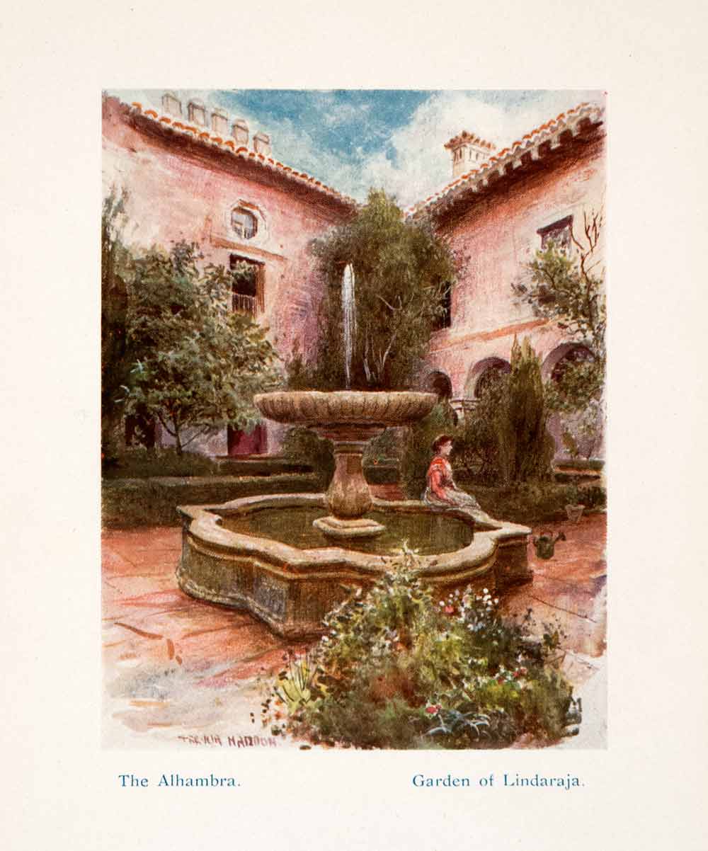 1908 Color Print Illustration Garden Lindaraja Alhambra Haddon Granada XGTA4