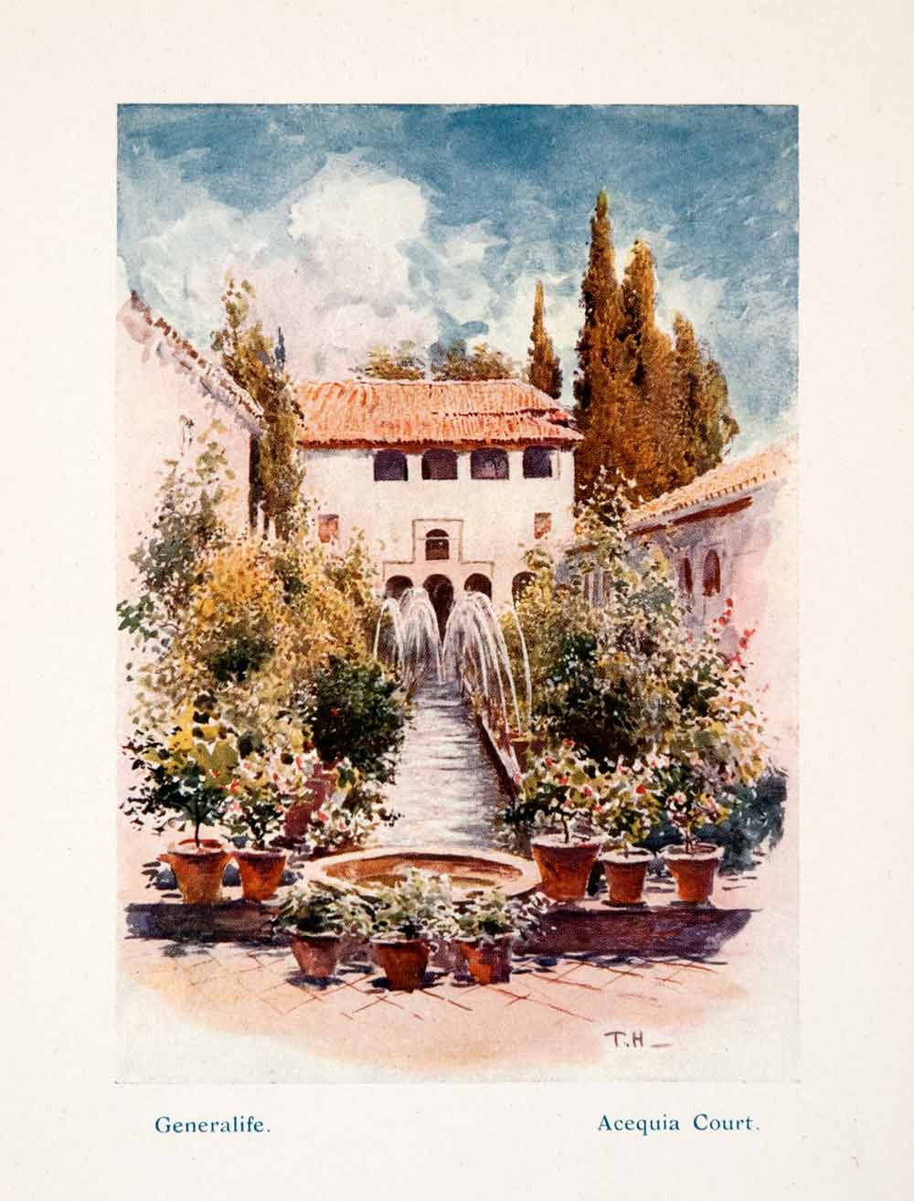 1908 Color Print Palacio Generalife Garden Acequia Court Haddon Granada XGTA4 - Period Paper
