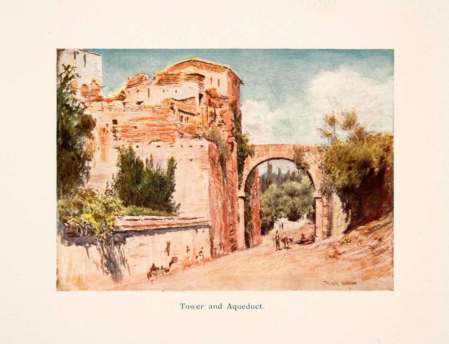 1908 Color Print Illustration Tower Aqueduct Alhambra Haddon Granada Spain XGTA4