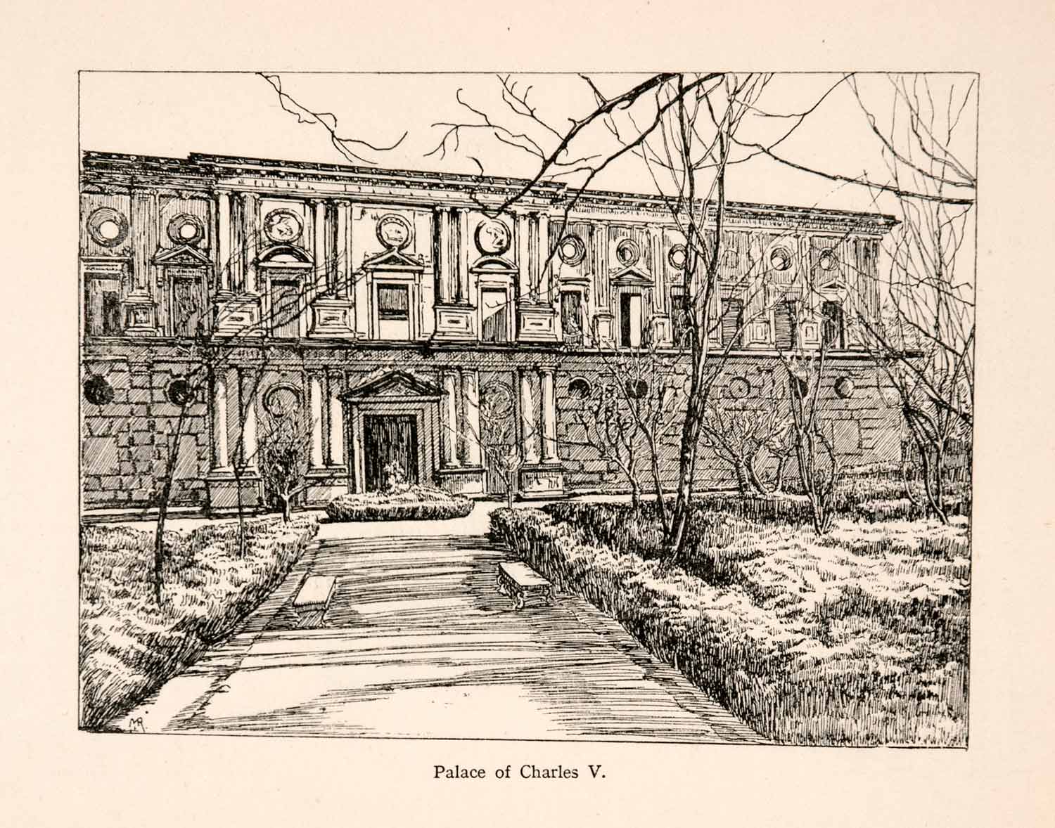 1908 Wood Engraving Palace Charles Alhambra Trevor Haddon Granada Spain XGTA4