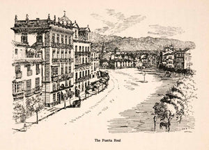 1908 Wood Engraving Hotel Puerta Real Cityscape Trevor Haddon Granada XGTA4