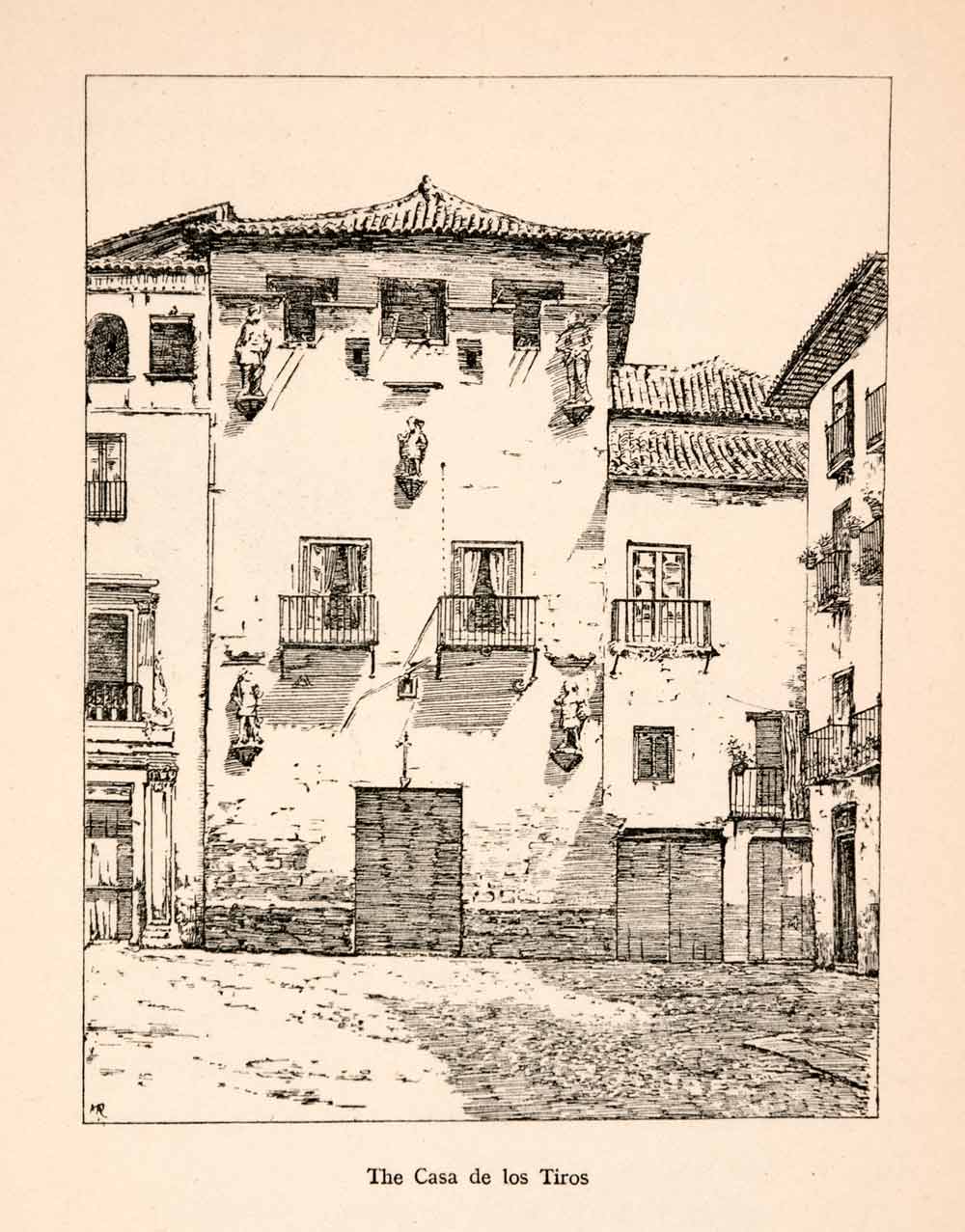 1908 Wood Engraving Casa de los Tiros Granada Spain Espana Architecture XGTA4