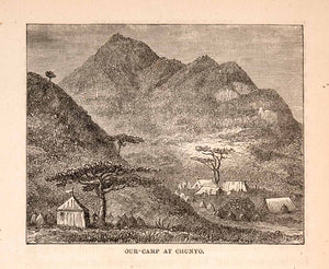 1872 Wood Engraving Africa Camp Chunyo Mountain Hill Valley Field Tree XGTA7