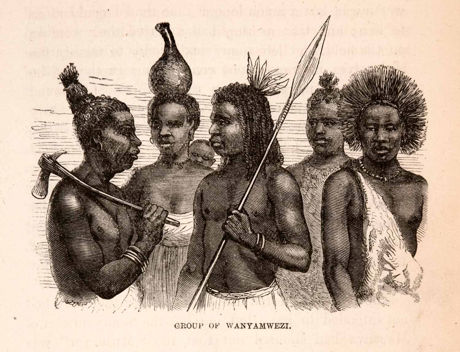 1872 Wood Engraving Africa Wanyamwezi Tribe Spear Ax Native People XGTA7