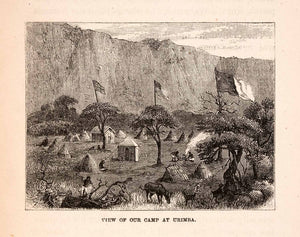 1872 Wood Engraving Africa Camp Urimba Flag Tent Field Tribe Village Hut XGTA7