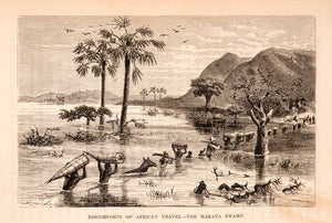 1872 Wood Engraving Africa River Flood Makata Swamp River Landscape Travel XGTA7
