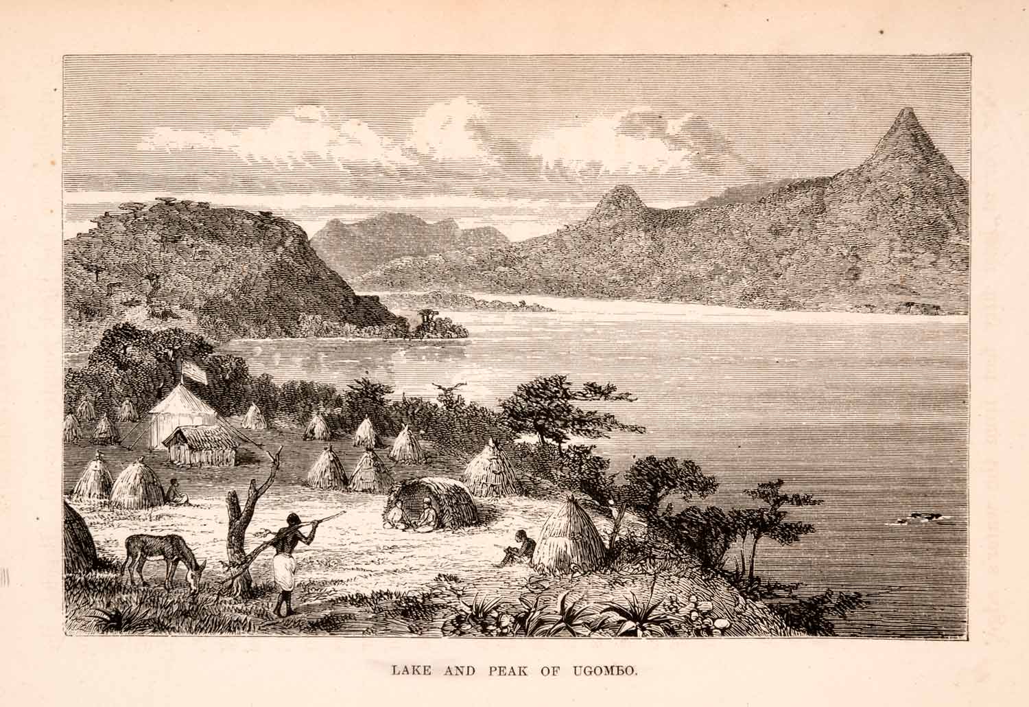 1872 Wood Engraving Africa Lake Village Ugombo Tribe Shore Mountain River XGTA7
