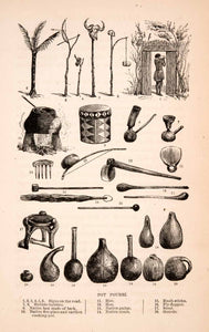 1872 Wood Engraving Africa Ceramic Pot Pottery Vase Vessel Bow Tool Drum XGTA7