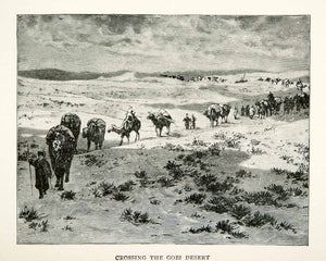 1900 Wood Engraving Gobi Desert Caravan Camel Journey Pack Transport Route XGTA8