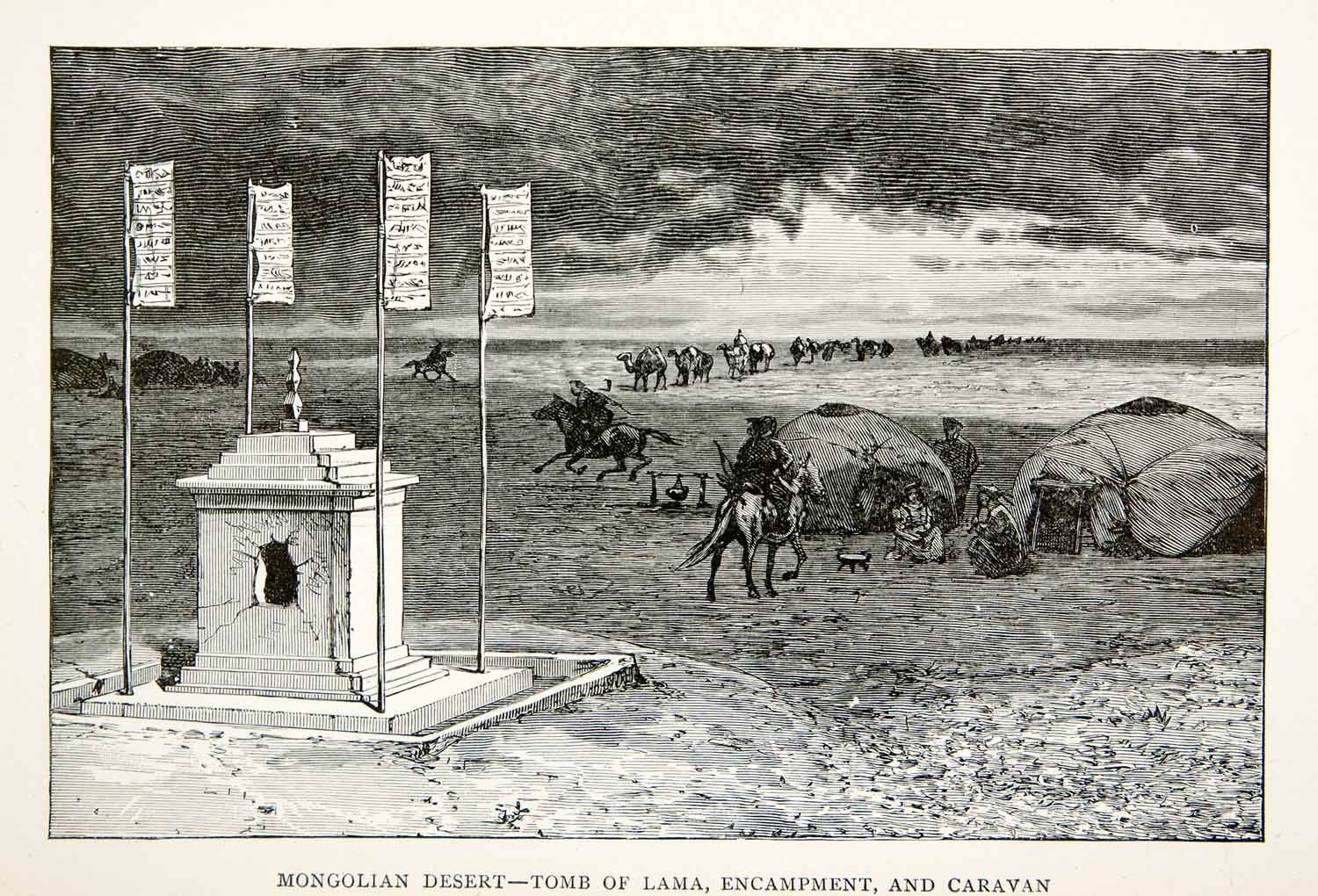 1900 Wood Engraving Desert Mongolia Asia Lama Tomb Encampment Caravan XGTA8