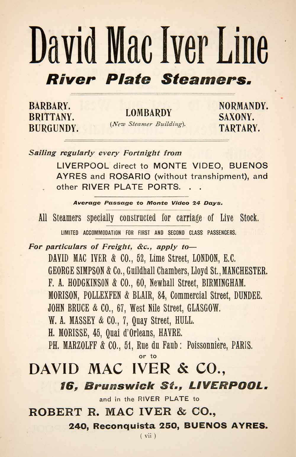 1903 Ad David Mac Iver Line Steamer Freight Buenos Aires Barbary Lombardy XGTA9