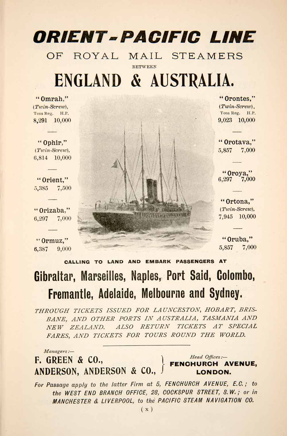 1903 Ad Orient Pacific Line England Australia Fenchurch London Gibraltar XGTA9