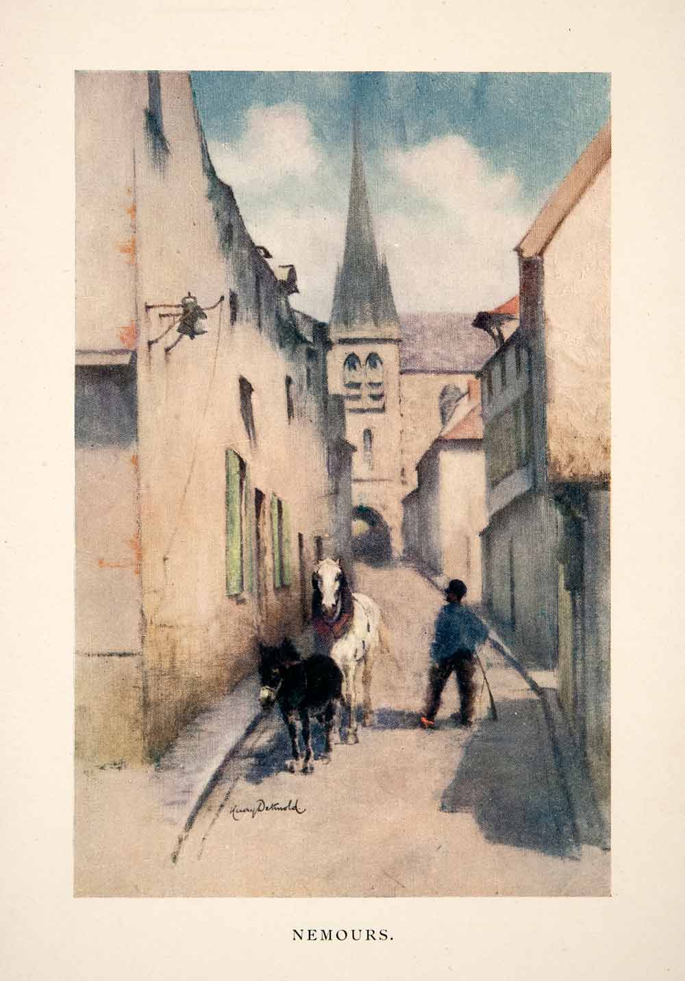 1902 Color Print Detmold Nemours Seine Marne Ile France Church Spire Horse XGTB5