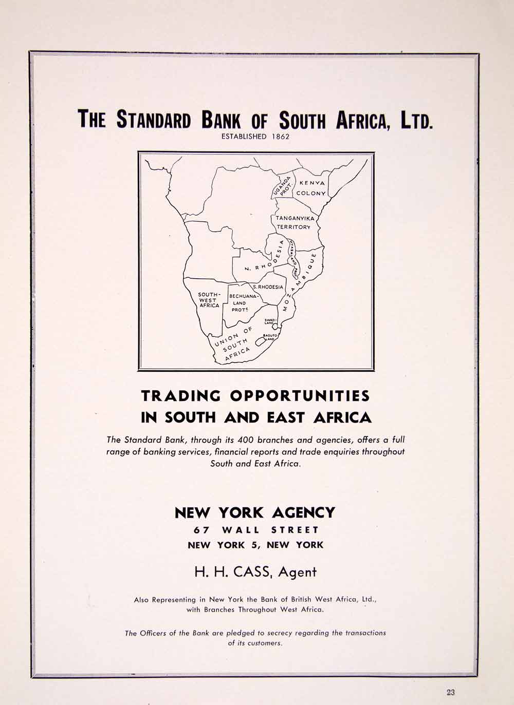 1948 Ad Trading South Africa Standard Bank New York Agency Union XGTC7
