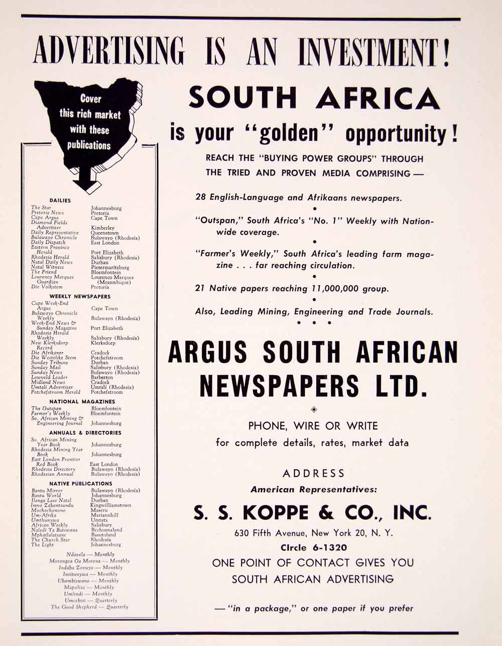 1948 Ad South African Argus Newspaper Koppe Company Dailies Magazines XGTC7