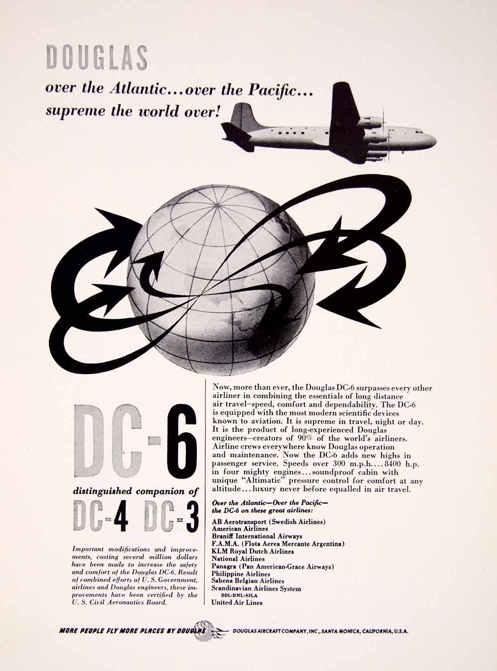 1948 Ad Douglas DC-6 Airplane Santa Monica California Atlantic Pacific XGTC7