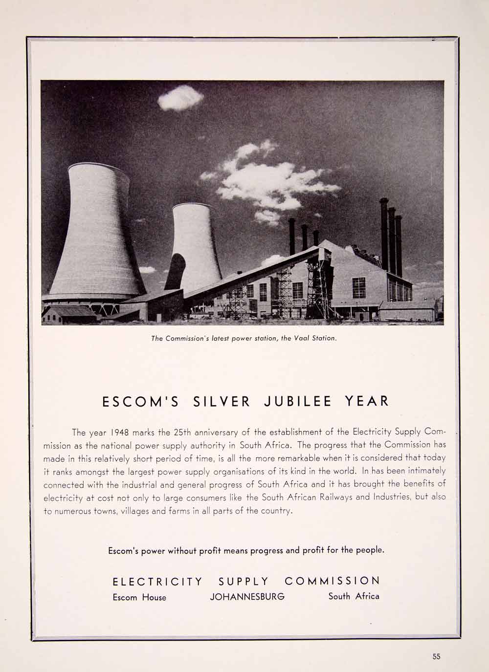 1948 Ad Escom Silver Jubilee Year Vaal Station Electricity Power Plant XGTC7