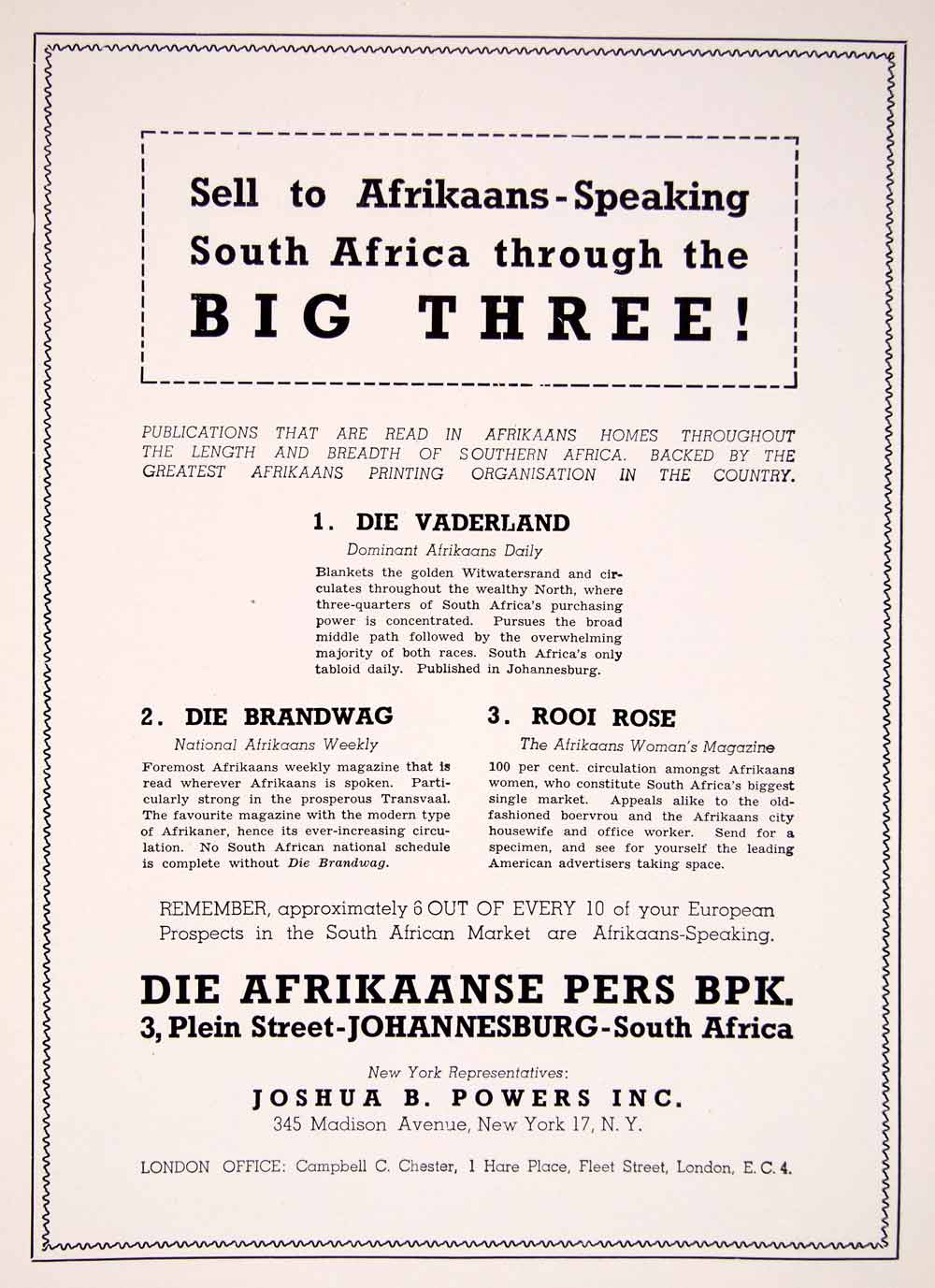 1948 Ad Die Afrikaanse Pers Vanderland Brandwag Rooi Rose Publications XGTC7