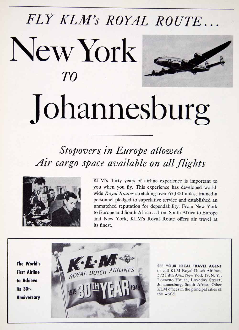 1949 Ad KLM Royal Dutch Airlines Airplane Flight Johannesburg Flight XGTC8