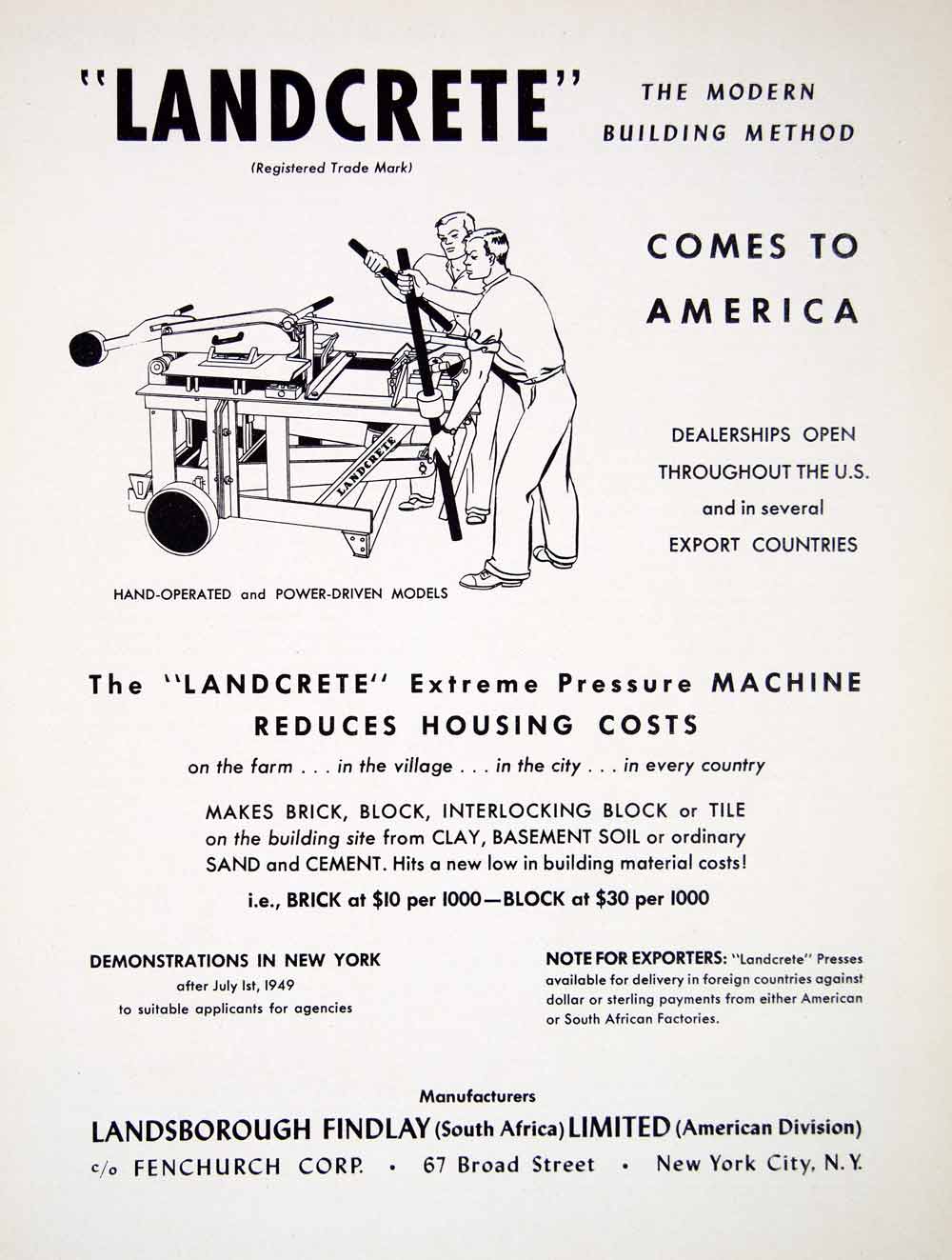 1949 Ad Landcrete Landsborough Findlay Limited Fenchurch Brick Cement Sand XGTC8