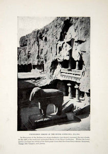 1924 Print Shrine River Goddesses Ellora India Elephant Sarasvati Ganga XGTC9