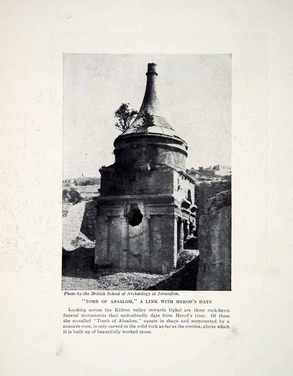 1924 Print Tomb Absalom Herod Kidron Valley Ophel Cornice Jerusalem XGTC9